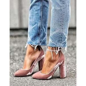 Aquazzura Alix Pink Velvet Ankle Strap Pump Block Heels Size 36